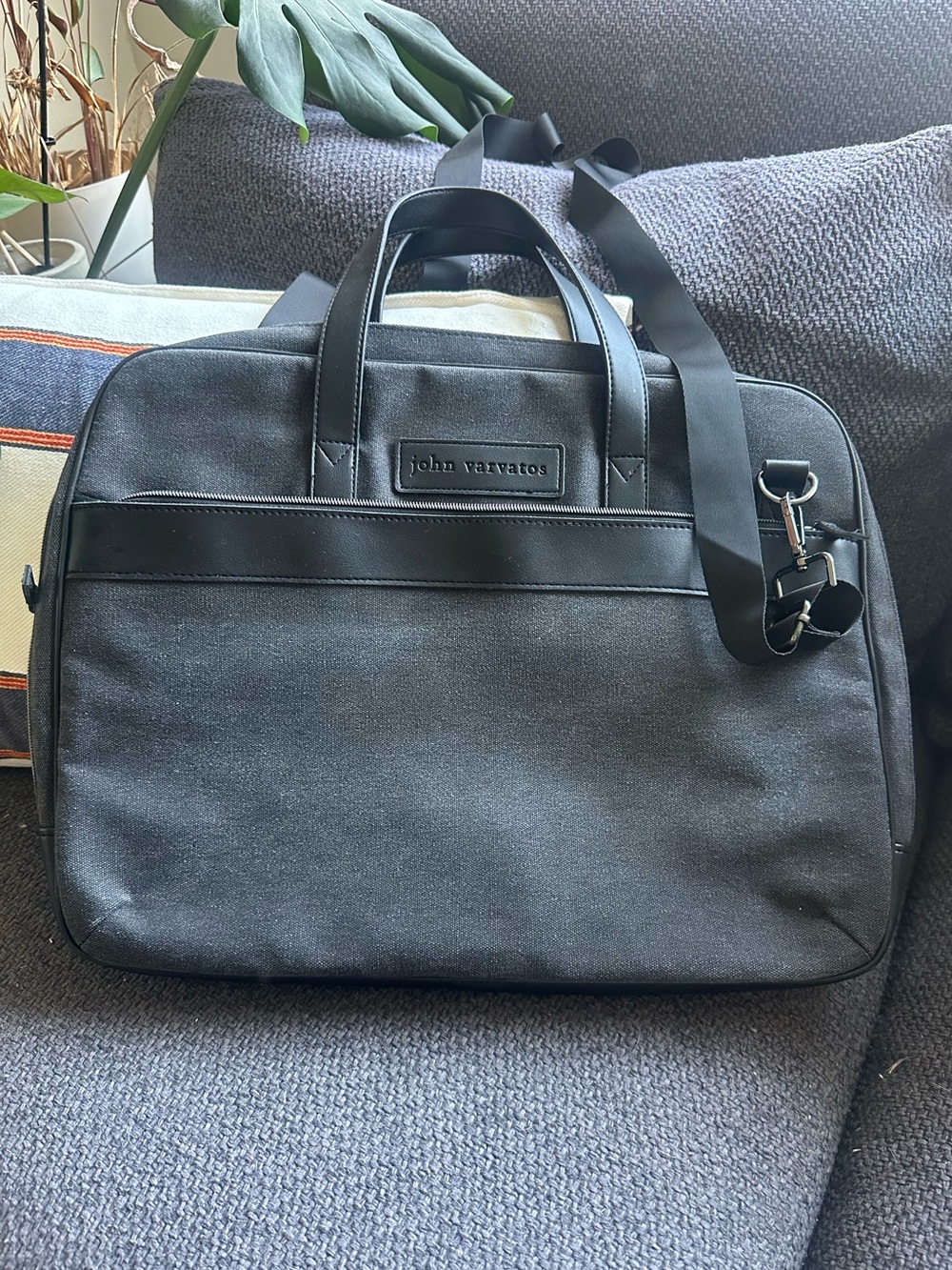 John Varvatos Men’s Gray Canvas Black Trim Laptop Briefcase Messenger Bag